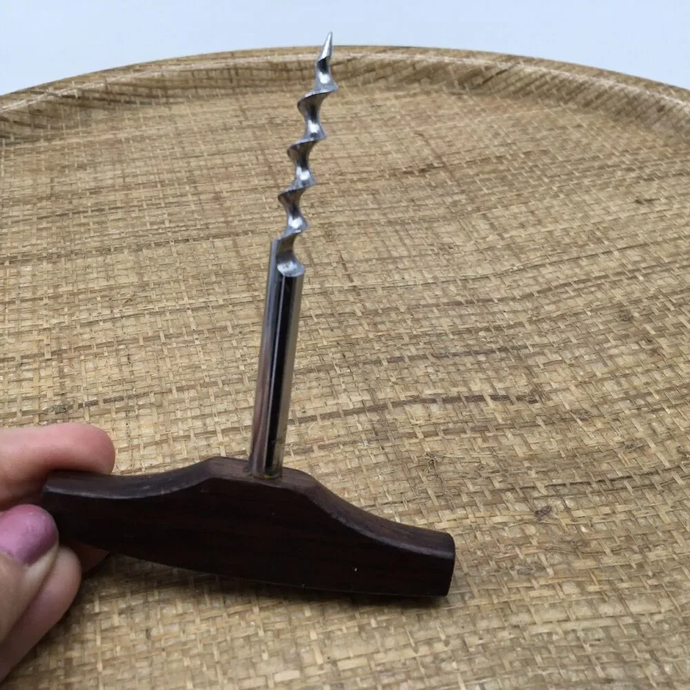Vintage MCM Wood Teak ? Handle Cork Screw Barware 4.25” READ